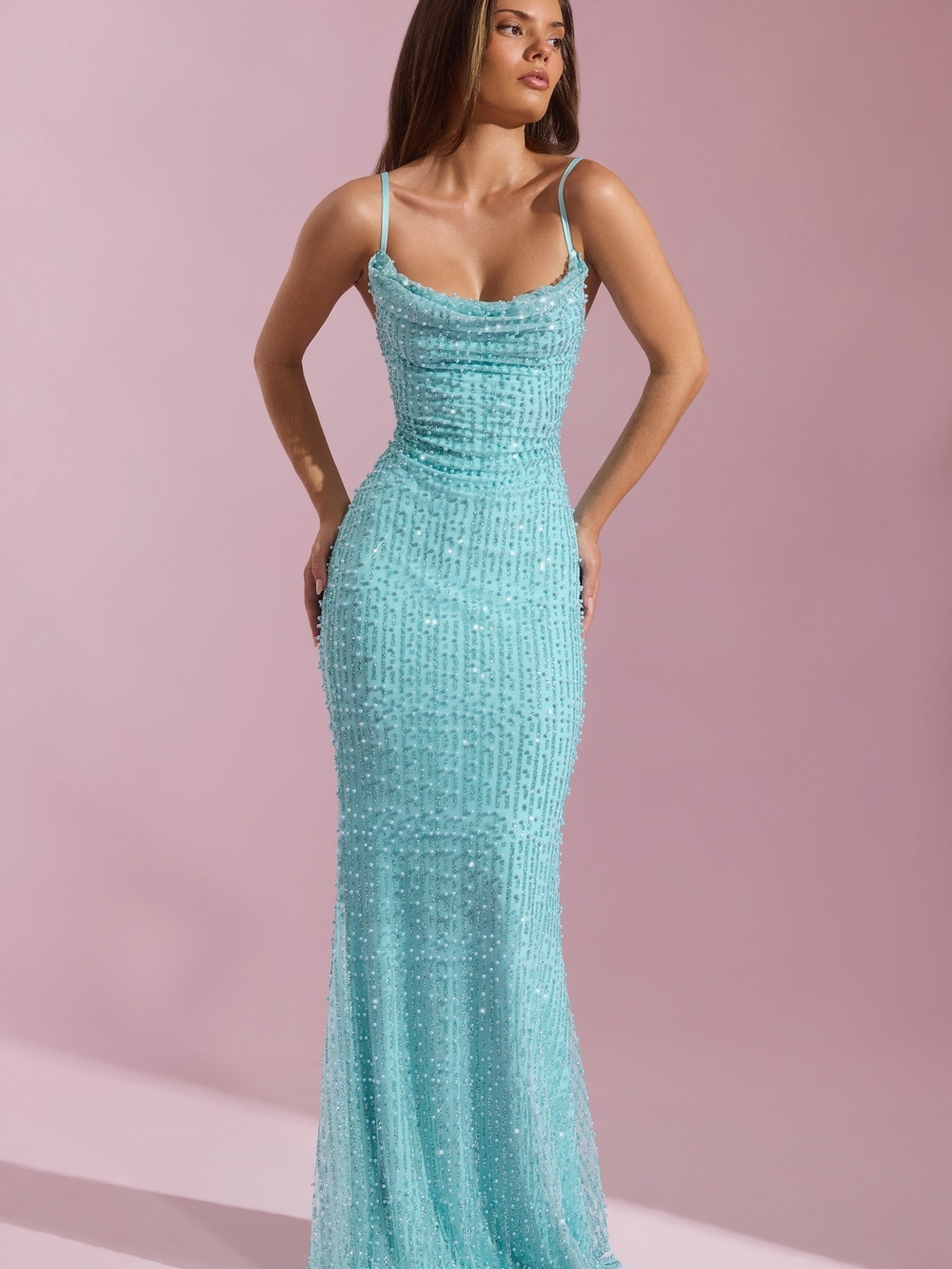 Oh Polly Aqua Sequin Cowl Neck Maxi Gown
